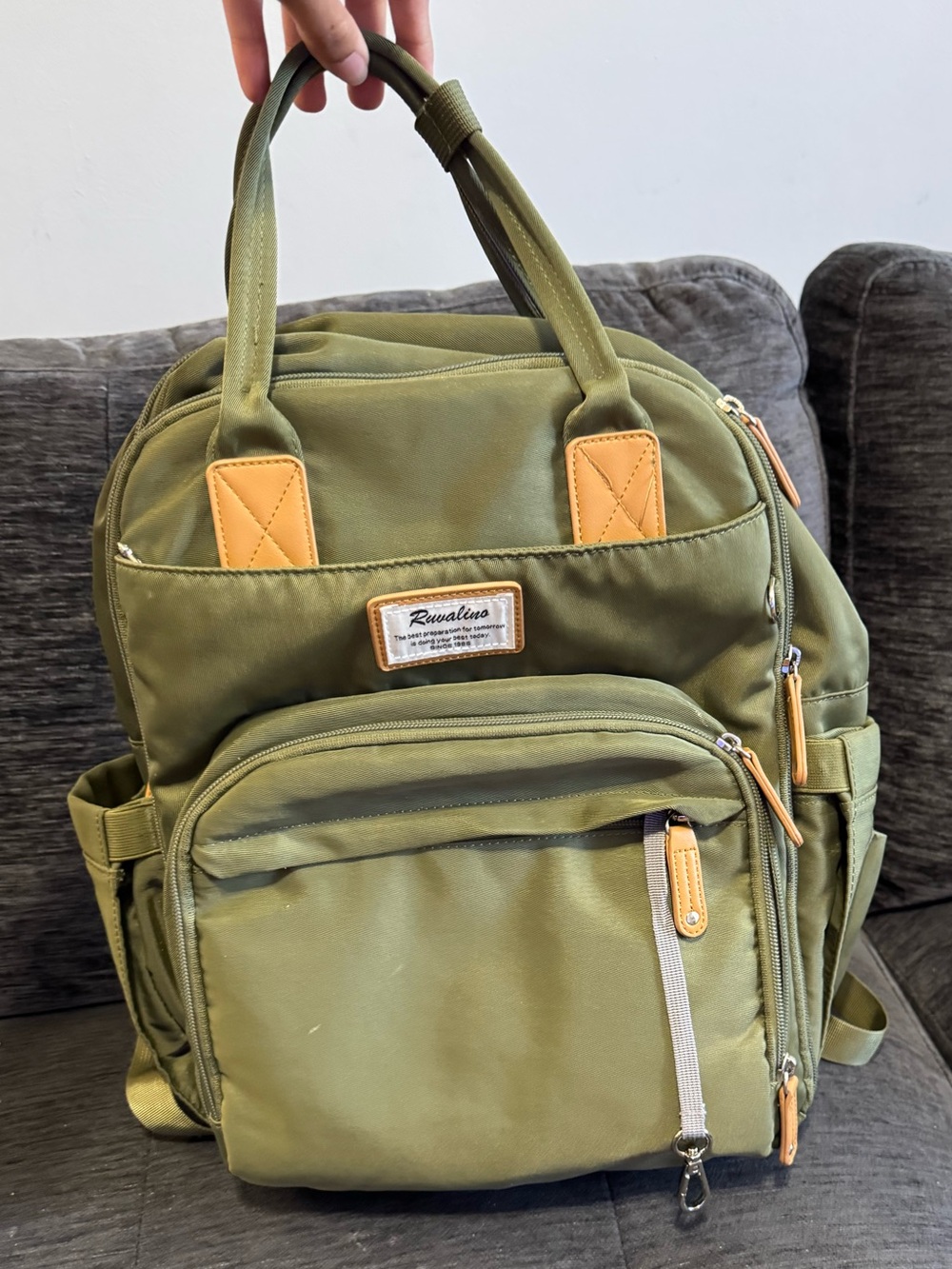 Olive Green Diaper Backpack With Tan Accents